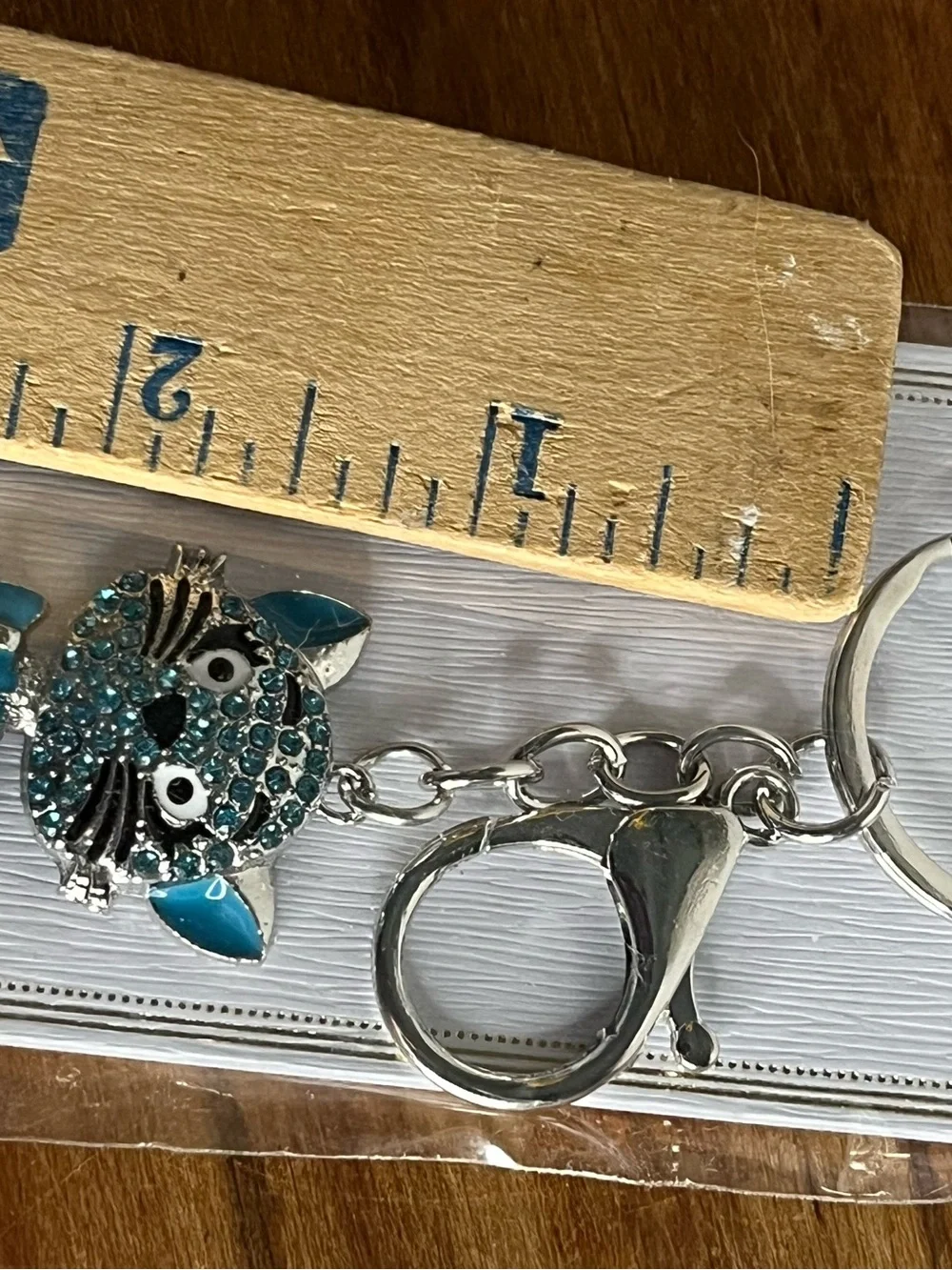 Crystal Cat Keychain Bag Charm Keyring Teal Blue Rhinestone Silvertone